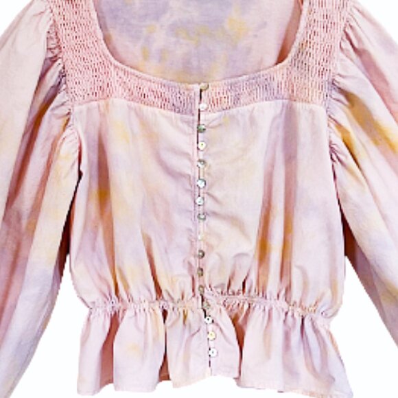 ZARA Tie-Dye Puff Sleeve Blouse M Pink Yellow Boho Peasant Top Bloggers Fave - Picture 5 of 9